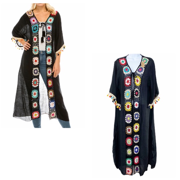 Tops - Black long cover up kimono Multicolor crochet trim